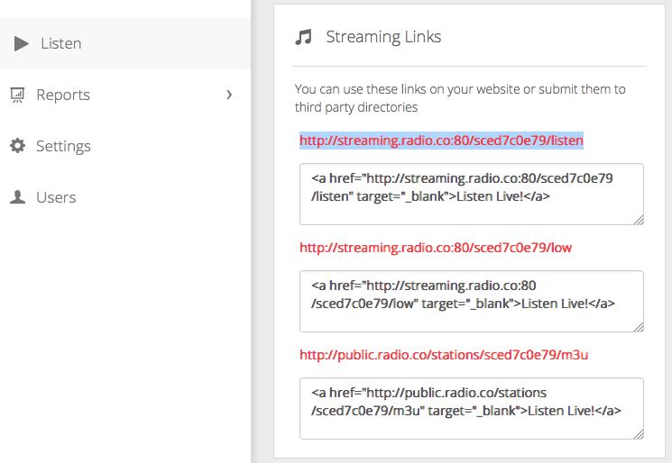 This is a screenshot visualising how the Radio.co Dashboard appears in white and grey