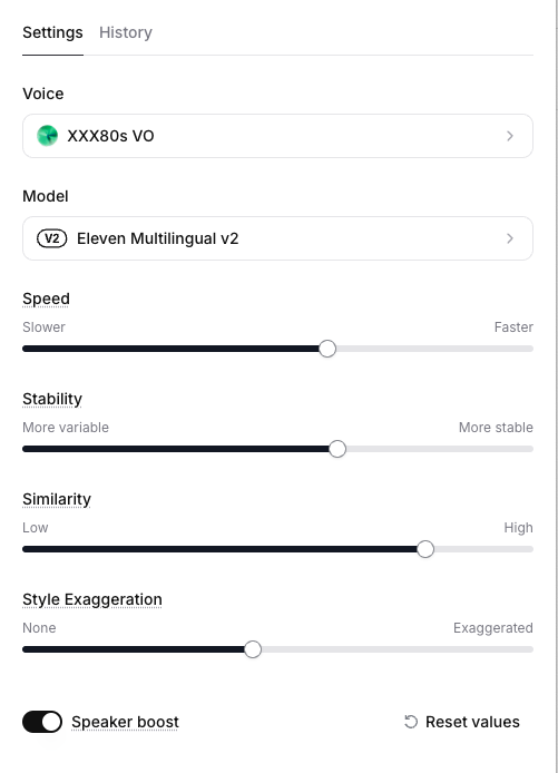 ElevenLabs settings.