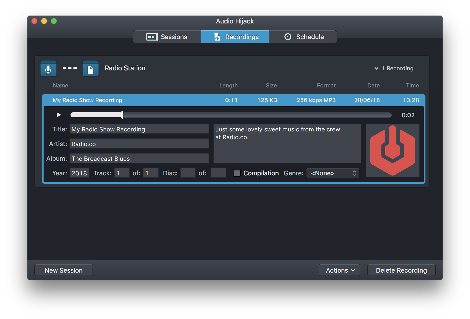 Image shows the recordings tab within Audio Hijack.