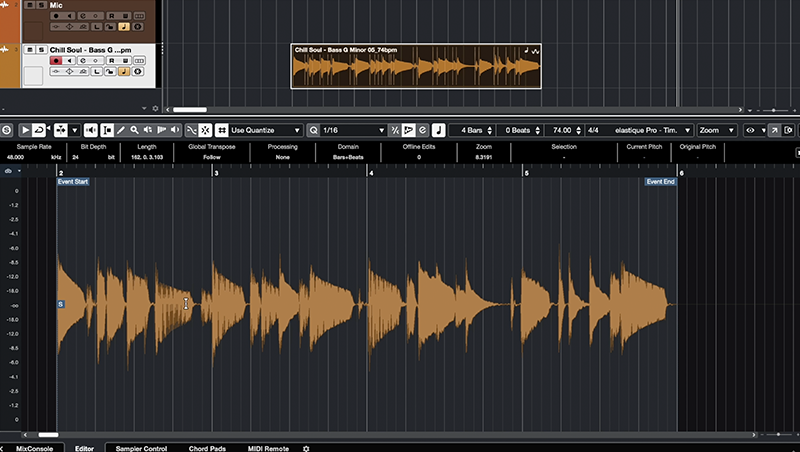 Image is a screenshot from the software Cubase, showing an audio file being analysed and edited.