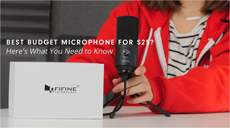 This is a picture of a person with a brown bob and only the tips of their hair showing in the image. They have a red hoodie and white striped shirt on. They are sat in front of a microphone and a white kit box.Best Budget Microphone