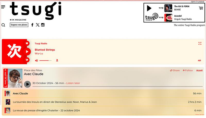 Image shows the tsugi radio website, featuring a large radio player and recently played tracklist below.