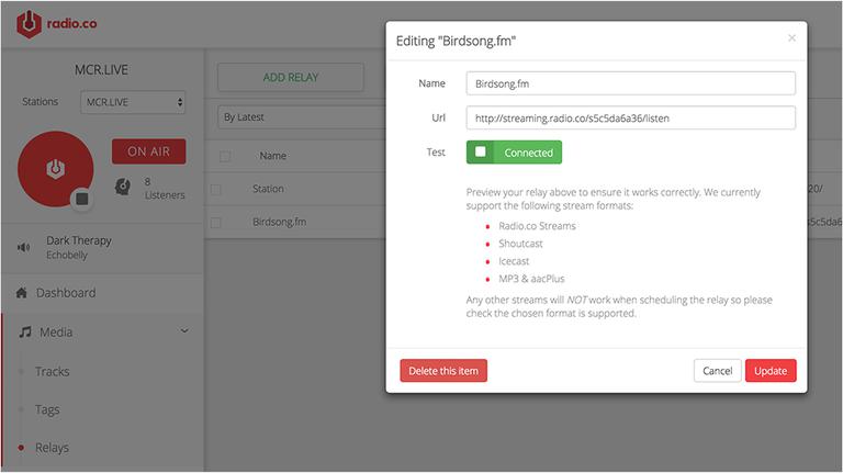 This is a white and red screenshot of the dashboard of Radio.co. The contents of the textbox within are mostly indecipherable, but it instructs one how to relay radio streams to their radio station,