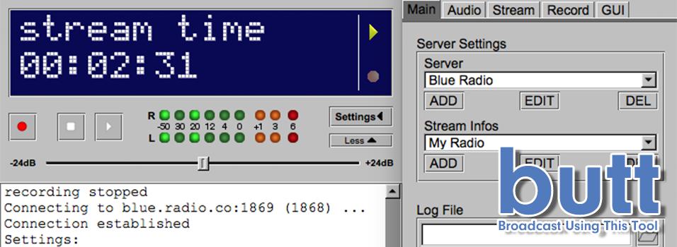 Image shows two screenshots of the BUTT software side by side. The screenshot on the left is the general window, the screenshot on the right is the settings window.