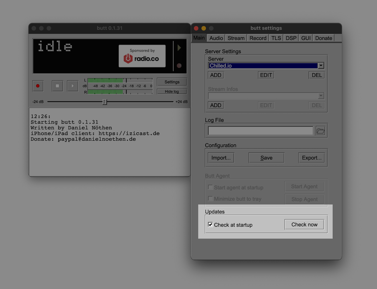 Image shows the BUTT main window and the BUTT settings window, side-by-side.