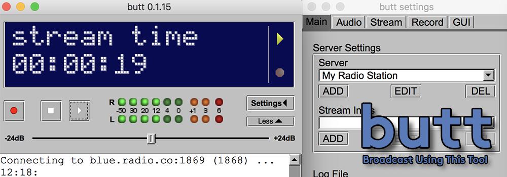 Image is two screenshots from the broadcasting software BUTT.
