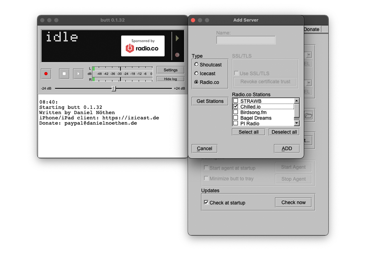 Image shows some examples of available Radio.co stations in BUTT/