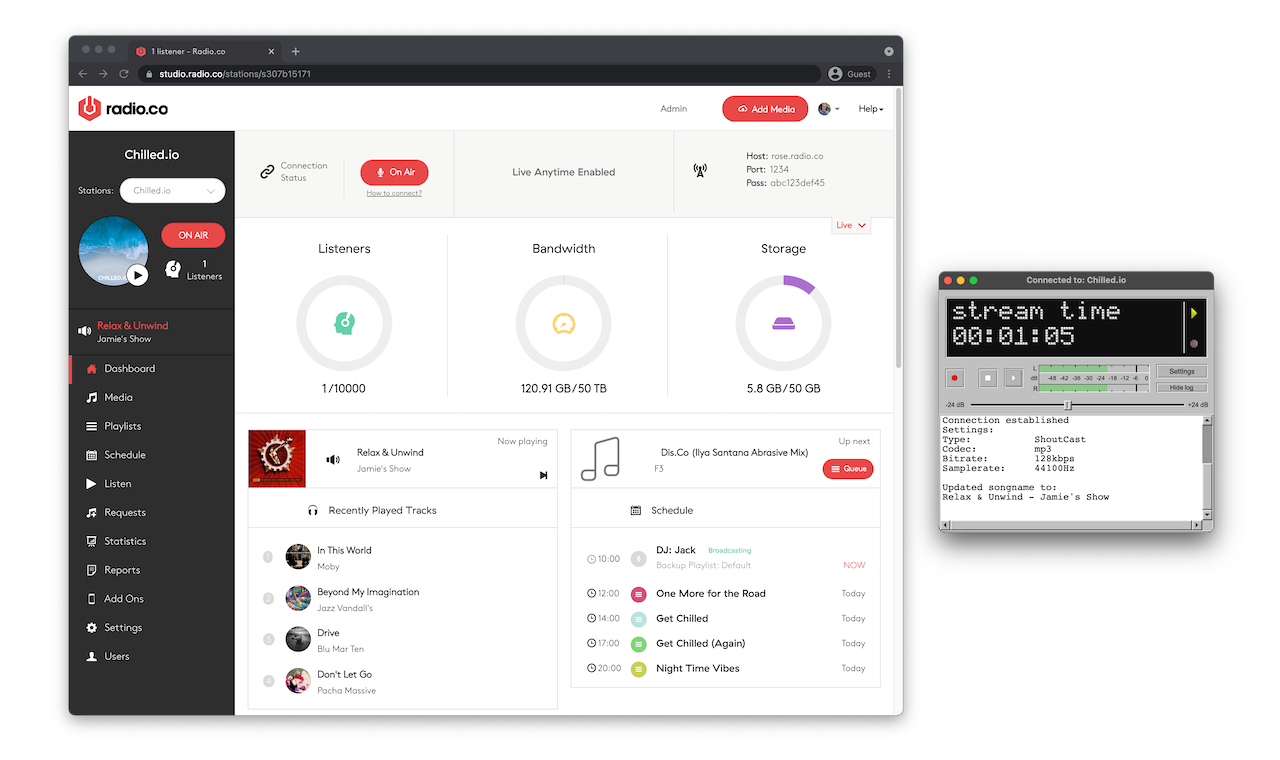 Image shows how the Radio.co dashboard and the BUTT window look when broadcasting live.