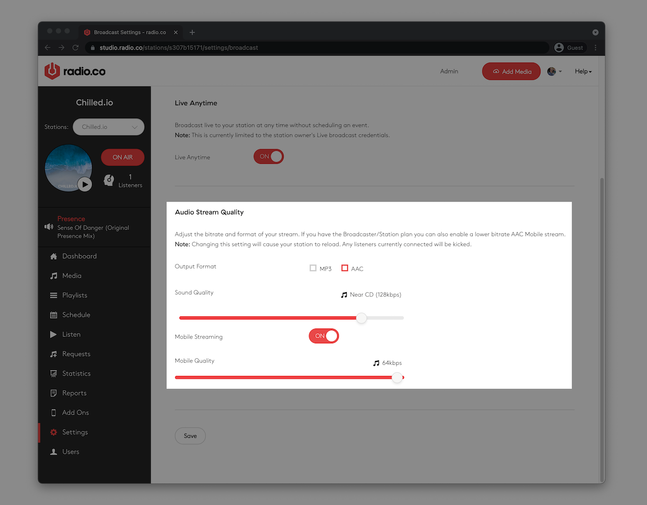 Image shows Radio.co audio quality settings