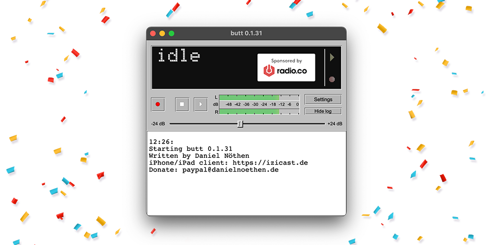 Image shows the BUTT broadcaster window, with a confetti design around it.