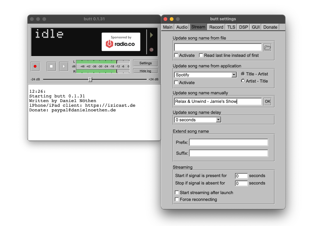 Image shows the window for changing the metadata within BUTT.