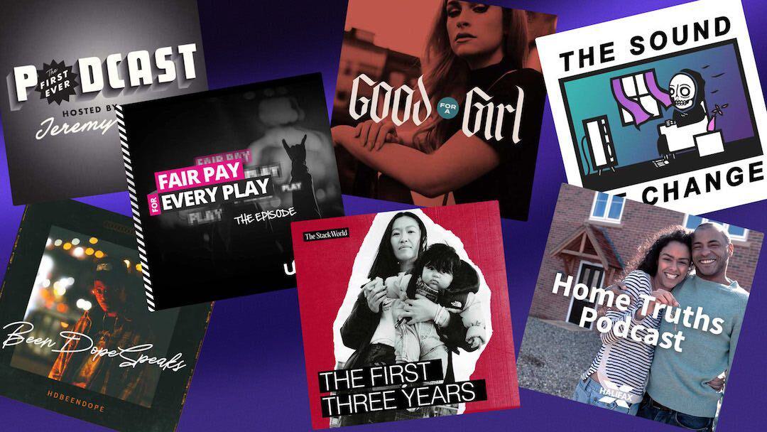 Image shows a collection of different artworks for podcasts produced by Cue.