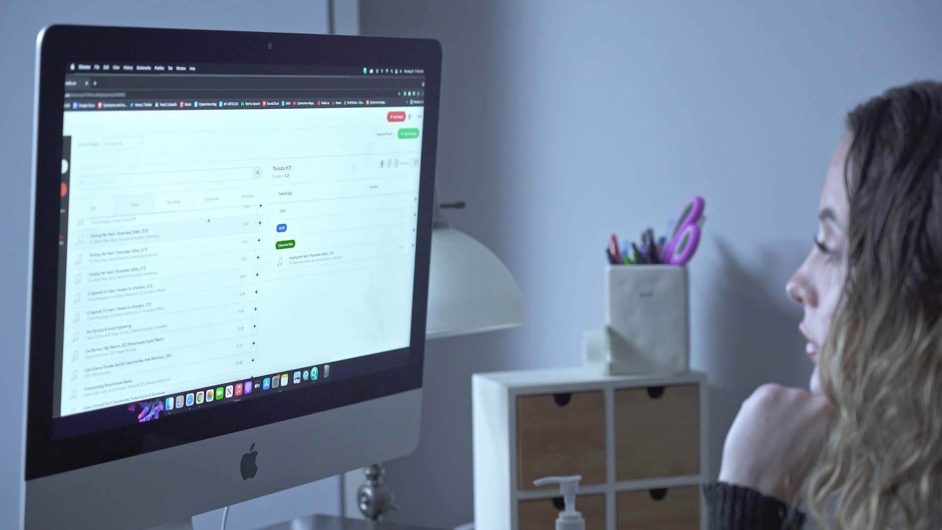 Image shows the Cybercrime Radio station manager, looking at the Radio.co dashboard on a computer.