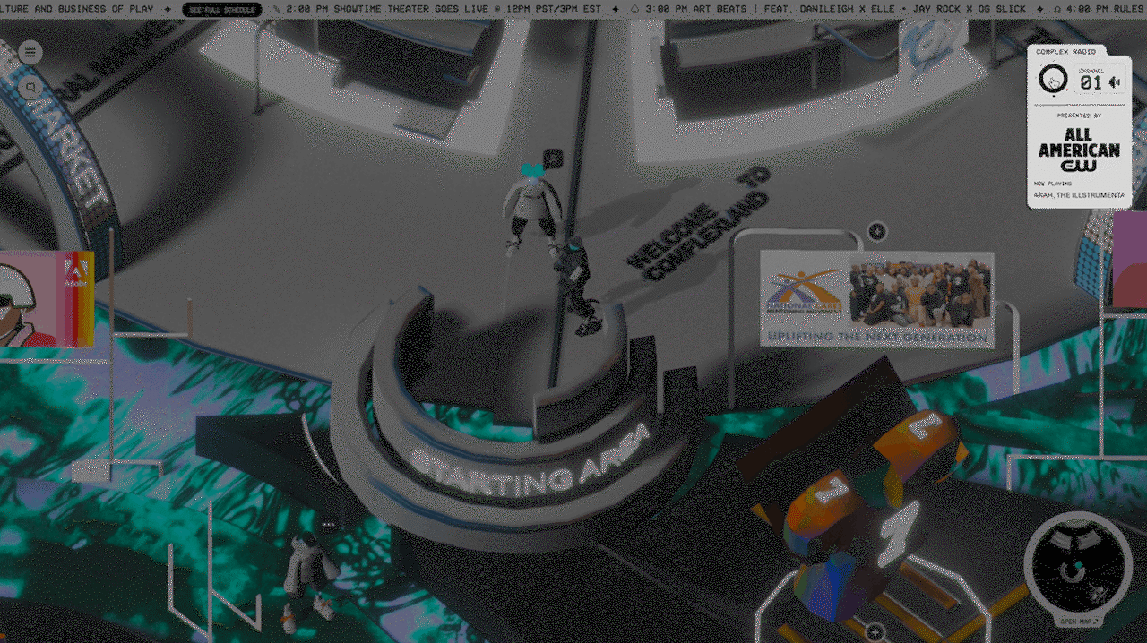 Image shows a screenshot from ComplexLand whereby an avatar is choosing a radio station