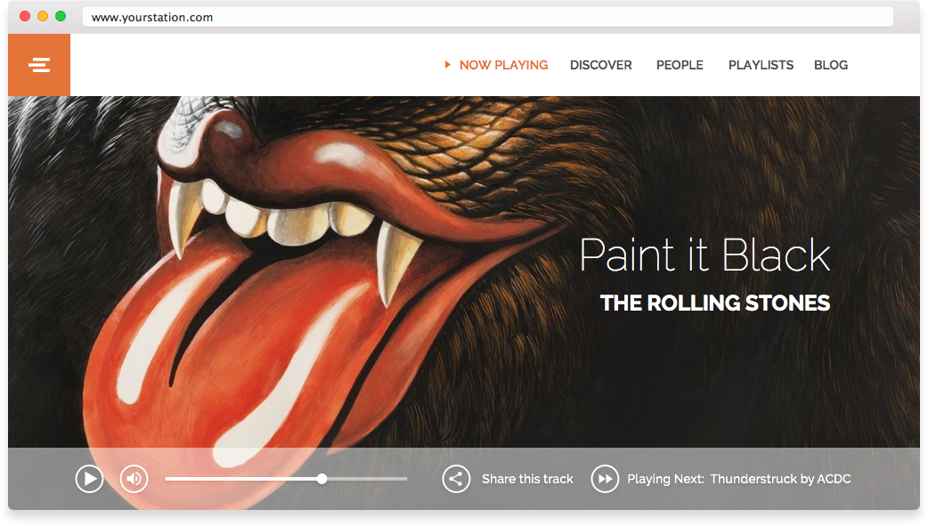 This is the way a Custom branded player will appear - at the top it has a orange and white banner of the Now Playing and Discover widgets. Below is the album art for 'Paint It Black' by The Rolling Stones, a gorilla with red lips and its tongue out.