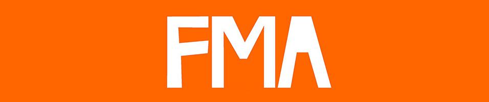 This is an orange backdrop with FMA written in white in the centre.
