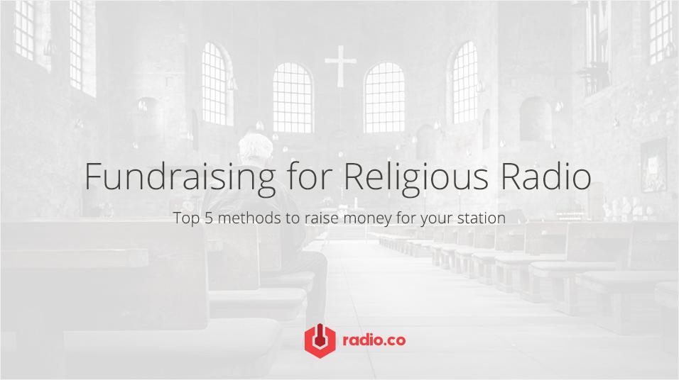 This is a white faded image of a church. There is a red radio.co logo at the bottom of the image. The centre of the image reads: Fundraising Religion Radio