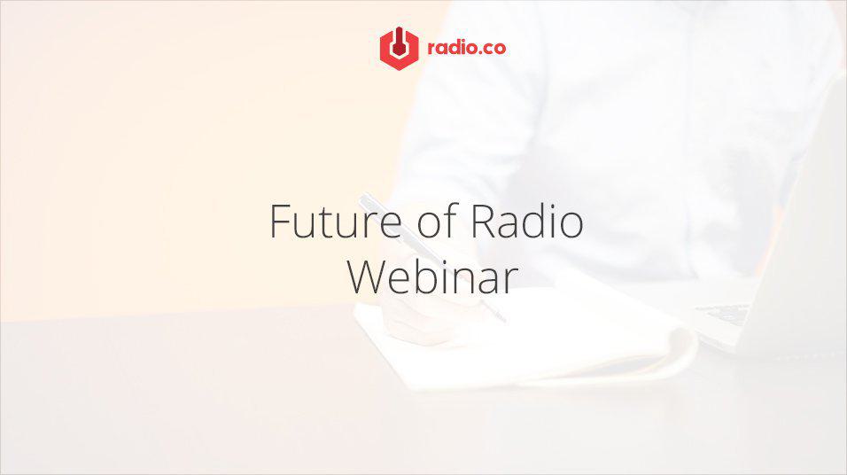 This is a plain white background over a very faded indecipherable image. The top is a red radio.co logo. The bottom reads Future Of Radio in plain black text.