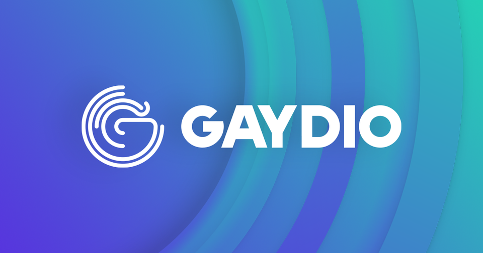 The logo for radio station, Gaydio. There is a blue background and Gaydio is in white text in the centre.