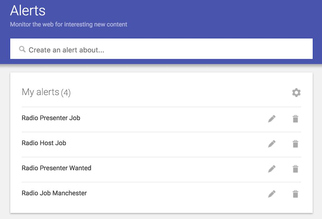 Image shows a list of set-up alerts for prospective jobs like "Radio Host" and "Radio Presenter"