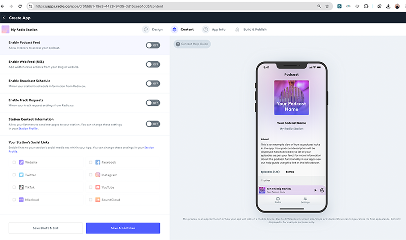 Image shows the Radio.co app builder on the content settings tab.