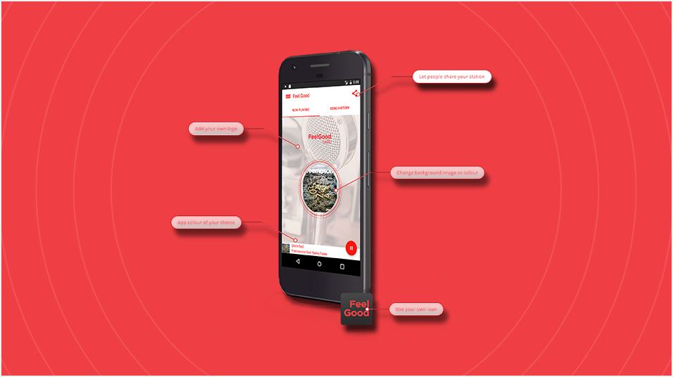 This is a red backdrop with an iphone stood upright in the centre of the screen. Various information bubbles point to the phone screen, but they are indecipherable, as is the homepage on the iPhone.