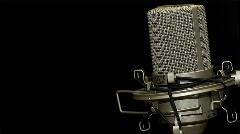 This is a silver mic on a silver stand in the right hand corner of the image. The backdrop is plain and black.