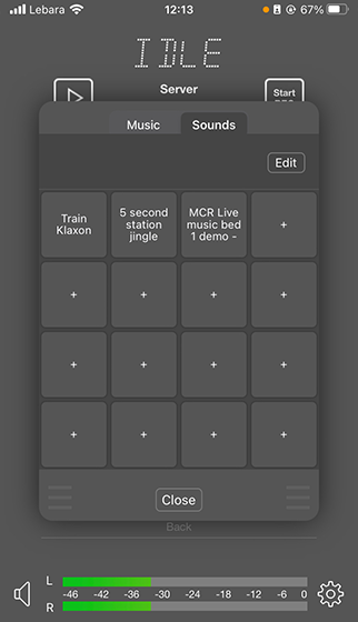 A screenshot showing where to add, edit and play music and sound effects on the iziCast app.