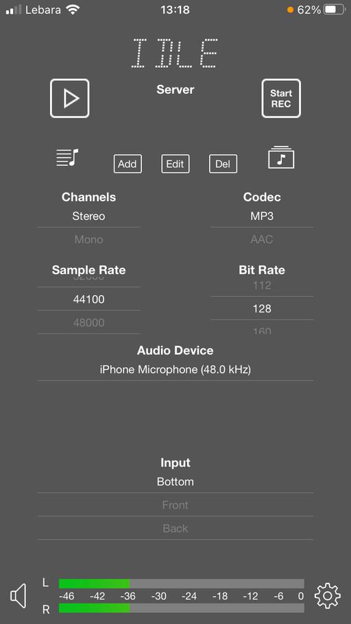 A screenshot showing the homescreen of iziCast. The options to start and stop broadcasting, start and stop recording, change input and broadcasting settings, and add media all are on display..
