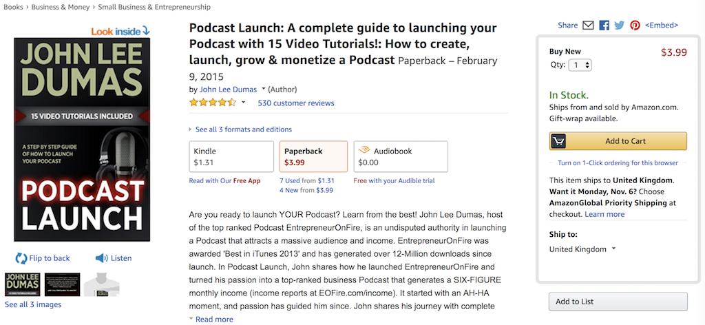Image is a screenshot of the Amazon listing for the book "Podcast Launch" by John Lee Dumas.