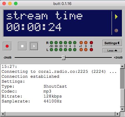 Image is a screenshot showing the BUTT main window when broadcasting live.
