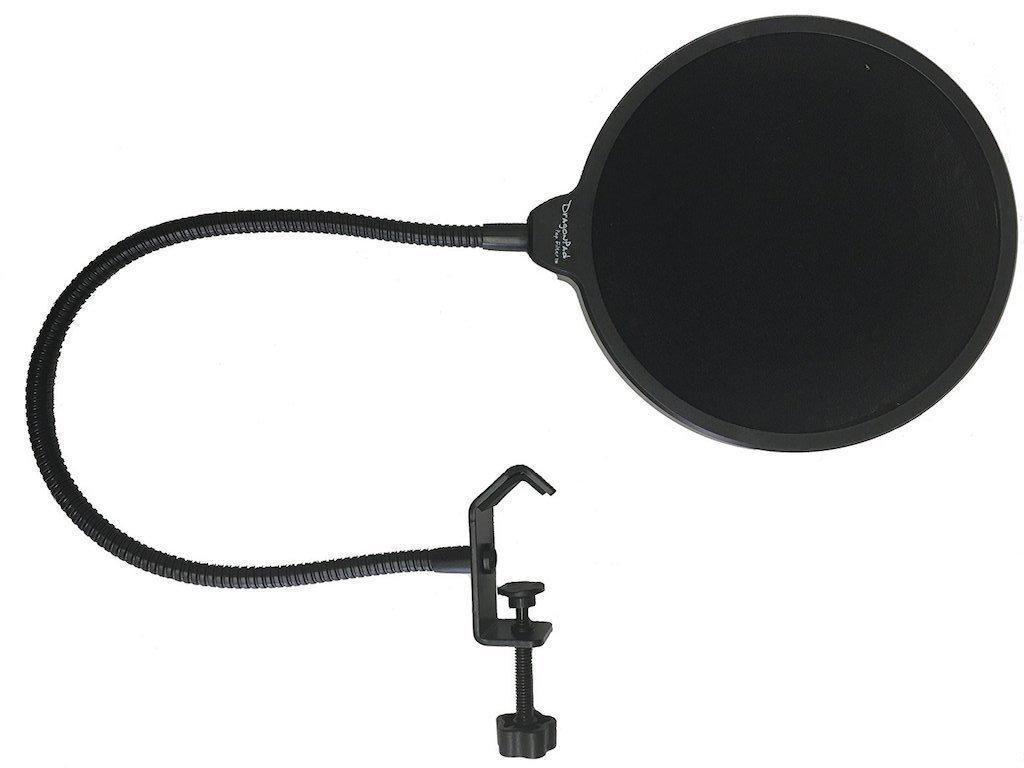 Image shows a black, circular mic shield against a white background.
