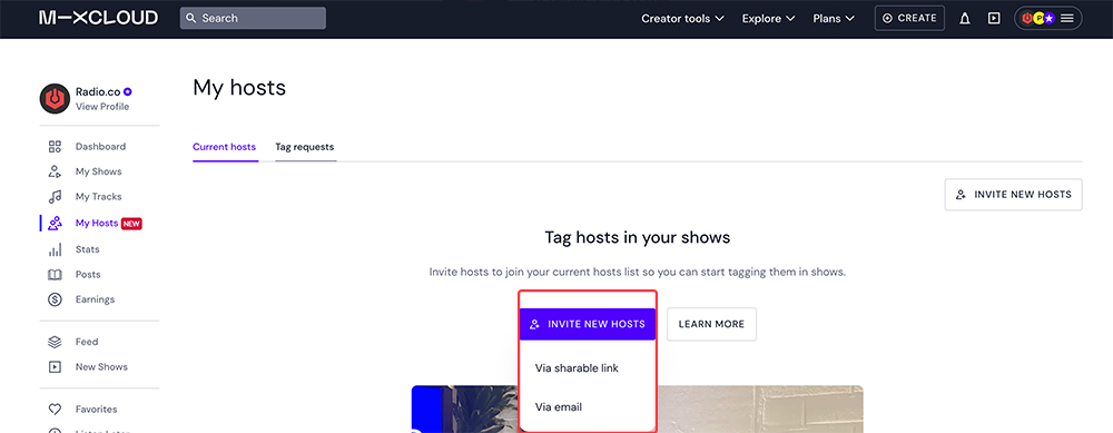 Image shows option to invite hosts in the dashboard of a Mixcloud Pro account.