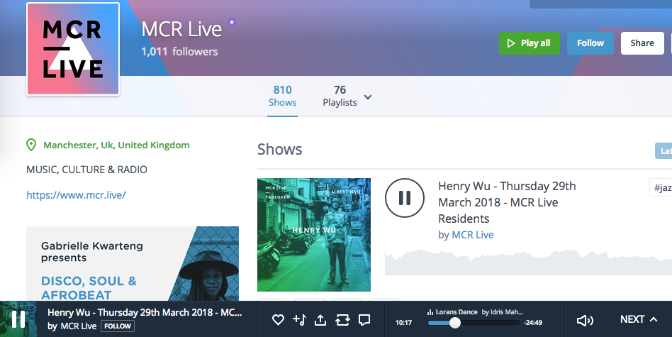 Image shows the Mixcloud page for the radio station MCR Live. There is a persistent radio player as a banner at the bottom of the screen.
