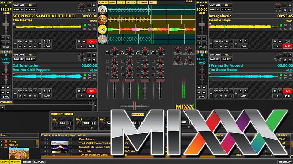 This is a black and yellow screenshot of the setup page for Mixxx broadcasting. The word Mixx is in the bottom right of the page, in grey with orange pink and green graphics on the wordnline Radio Broadcasting