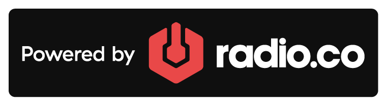 Image shows a dark-themed Radio.co branded badge that reads "Powered by radio.co"