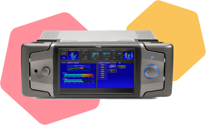 Image shows an Omnia 11 audio processor overlaid a white background with pink and yellow hexagon decoration.