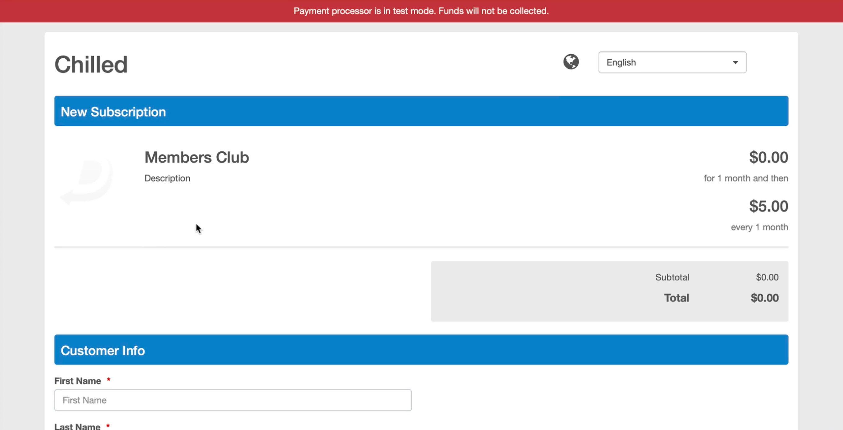 Image shows the 'New Subscription' window for users on the radio station website example.