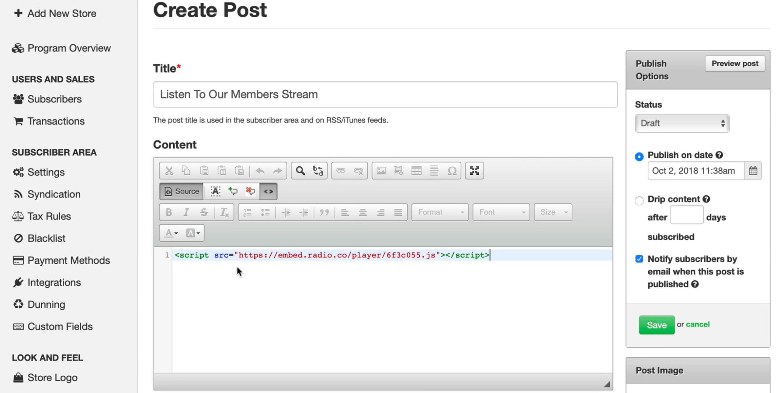 Image shows the 'Create Post' window for adding content behind your subscription.