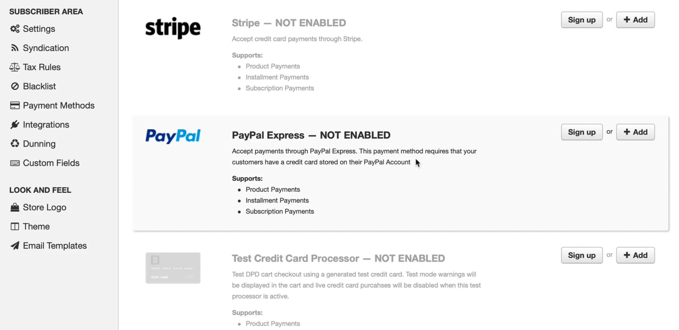 Image is a screenshot of the payment preferences in the Subscriber Site Setup within DPD.