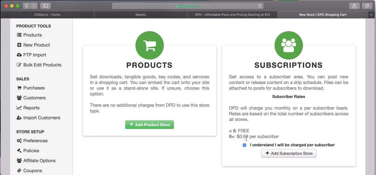 Image is a screenshot showing the two options in creating a 'store' on the DPD website.