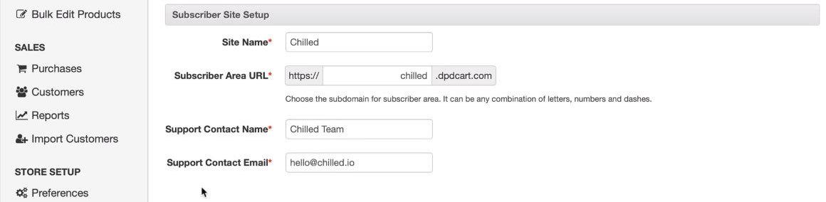 Image is a screenshot of the Subscriber Site Setup within DPD.