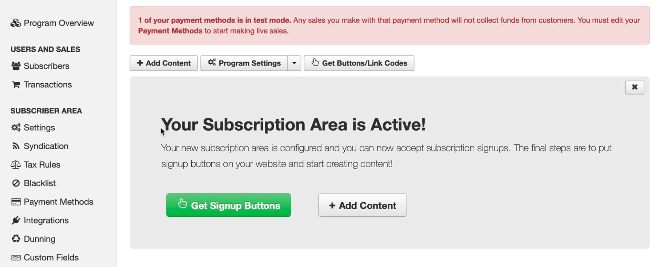 Image is a screenshot showing an active subscription area has been set up in DPD.