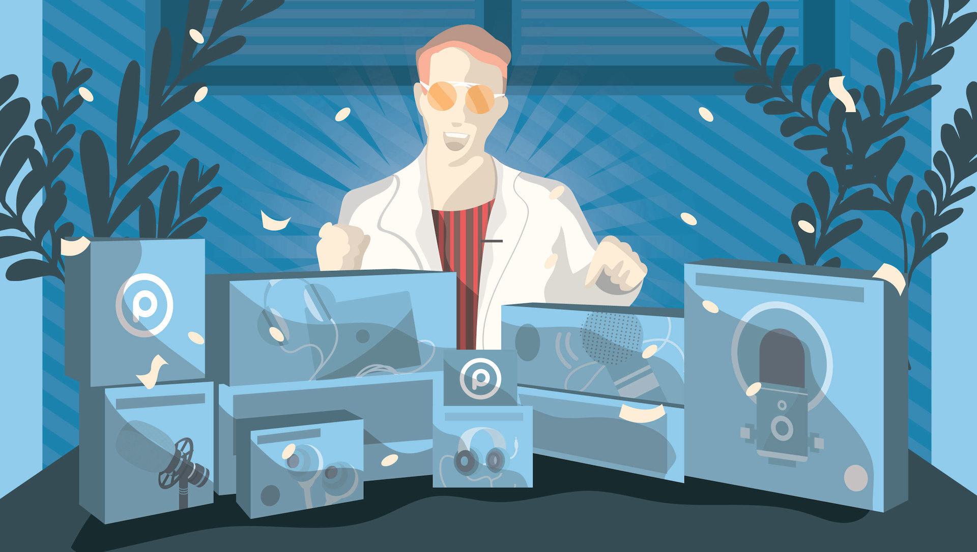 This is a blue illustration of plenty of audio gear in boxes. There is a drawing of a white man with yellow sunglasses and a suit smiling as he points to all the boxes available for giveaway.