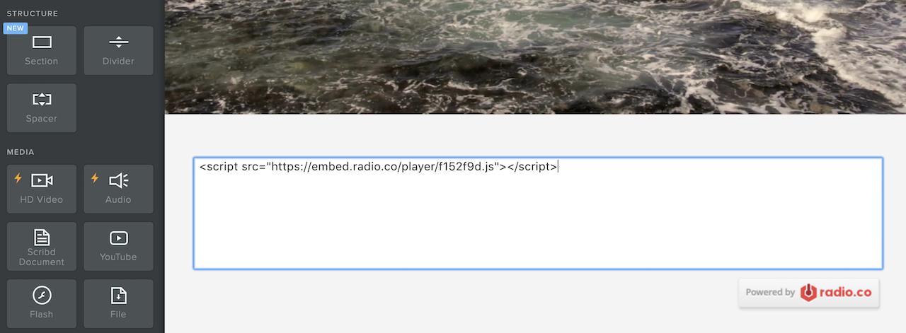 Image shows a radio player embed code within the Radio.co website builder.