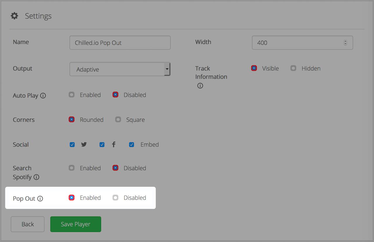 Image shows the Radio Player Settings Window with the Pop Out feature highlighted and enabled