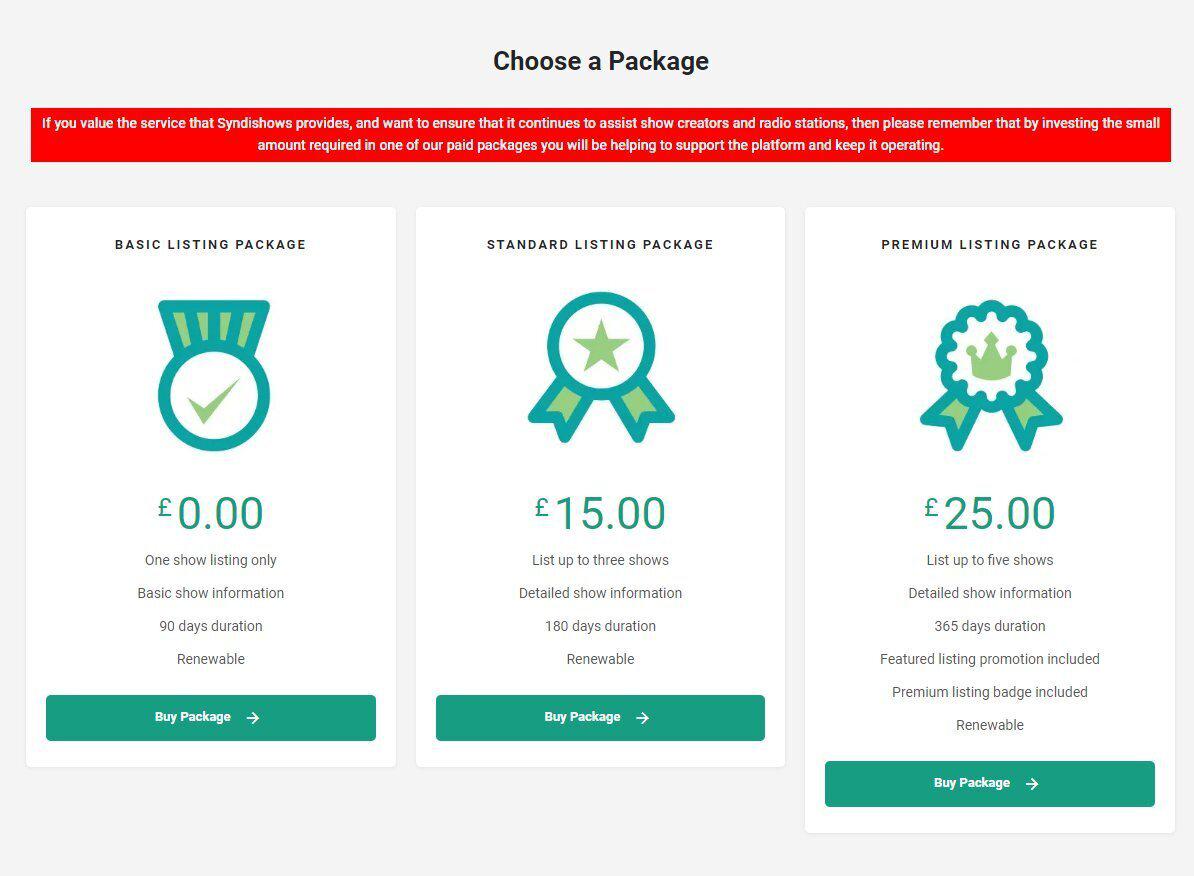 Image shows the pricing page and package options from the Syndishows website.