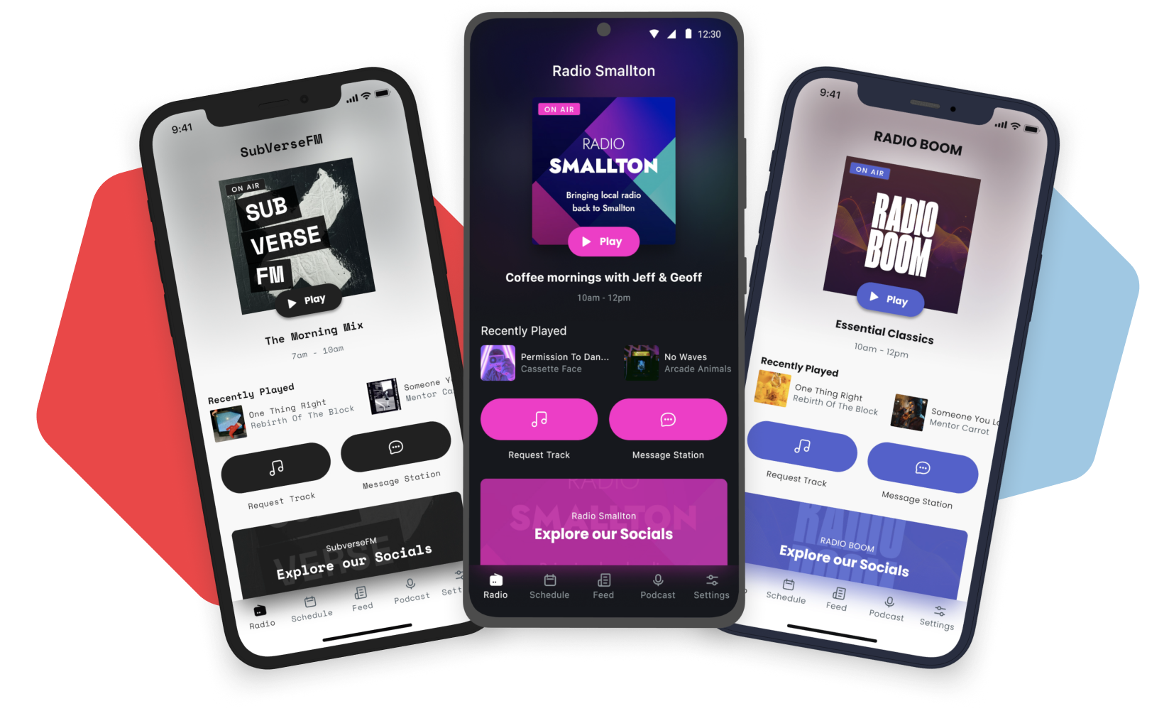 A graphic showing 3 examples of smartphones and the home-screens of Radio.co radio apps.