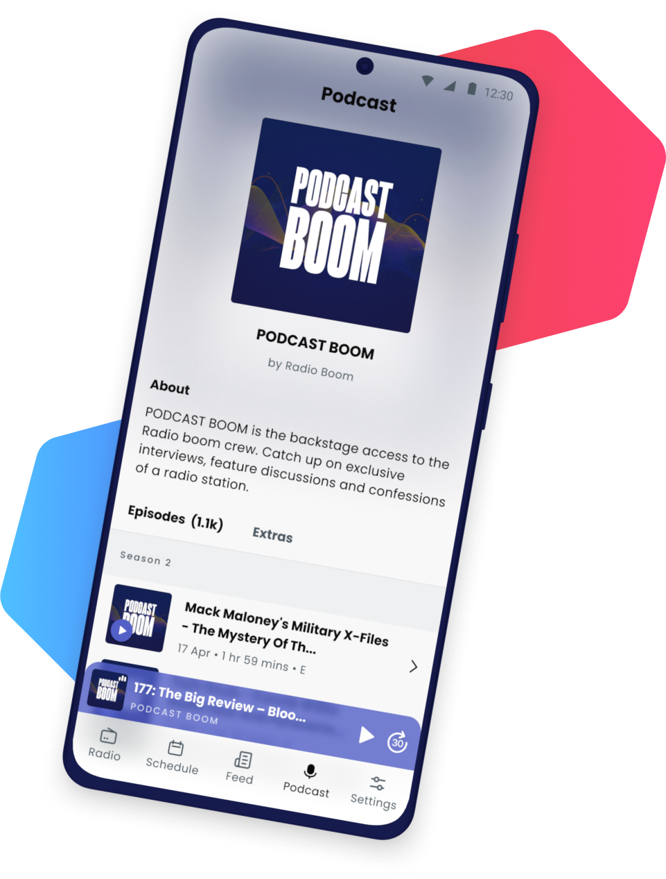 A graphic showing a smartphone and the podcast feed feature within a radio app. Behind the smartphone there is a blue and a red hexagon..