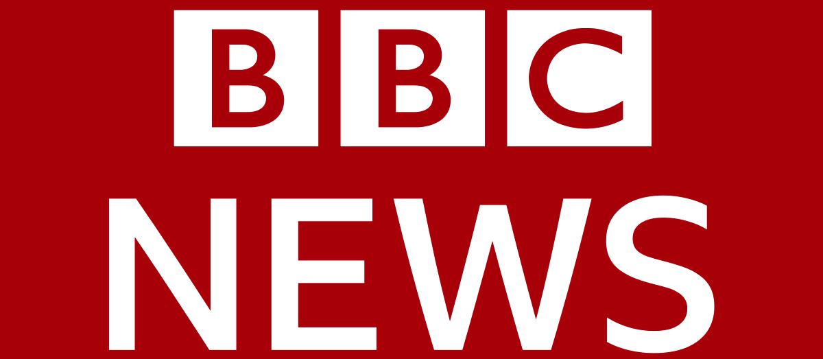 Image is a banner logo for BBC News. There is a red background the letters "BBC" are at the top in red font and within white boxes. Underneath is the word "news" in white font.
